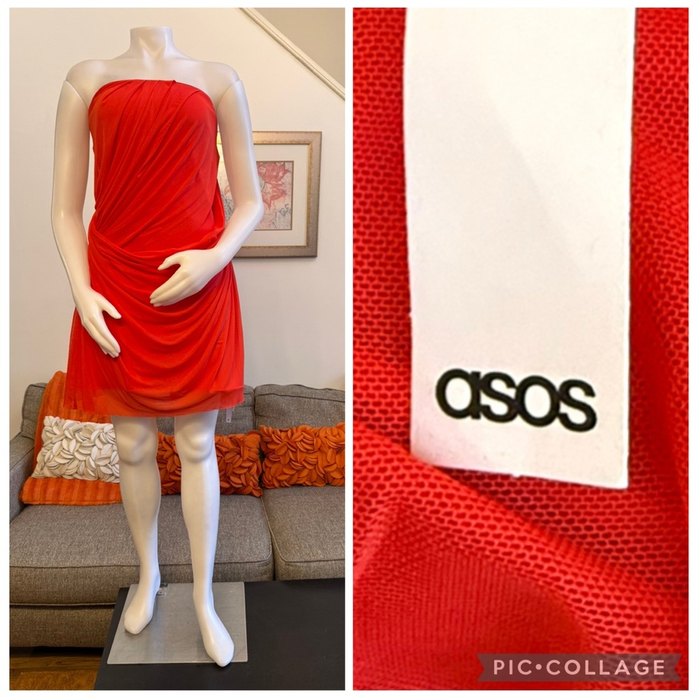 ❣️🆕Asos Design Draped Mesh Overlay Scuba Bandeau Mini Dress In Red/Orange❣️
